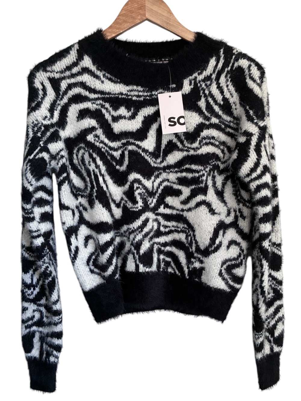 NWT SO Zebra Print Black & White Fuzzy Crewneck Sweater Sz S